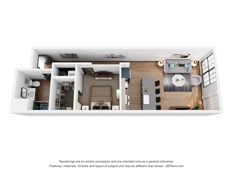 A 3D floor plan of a small apartment with a kitchen, living room, and bathroom.